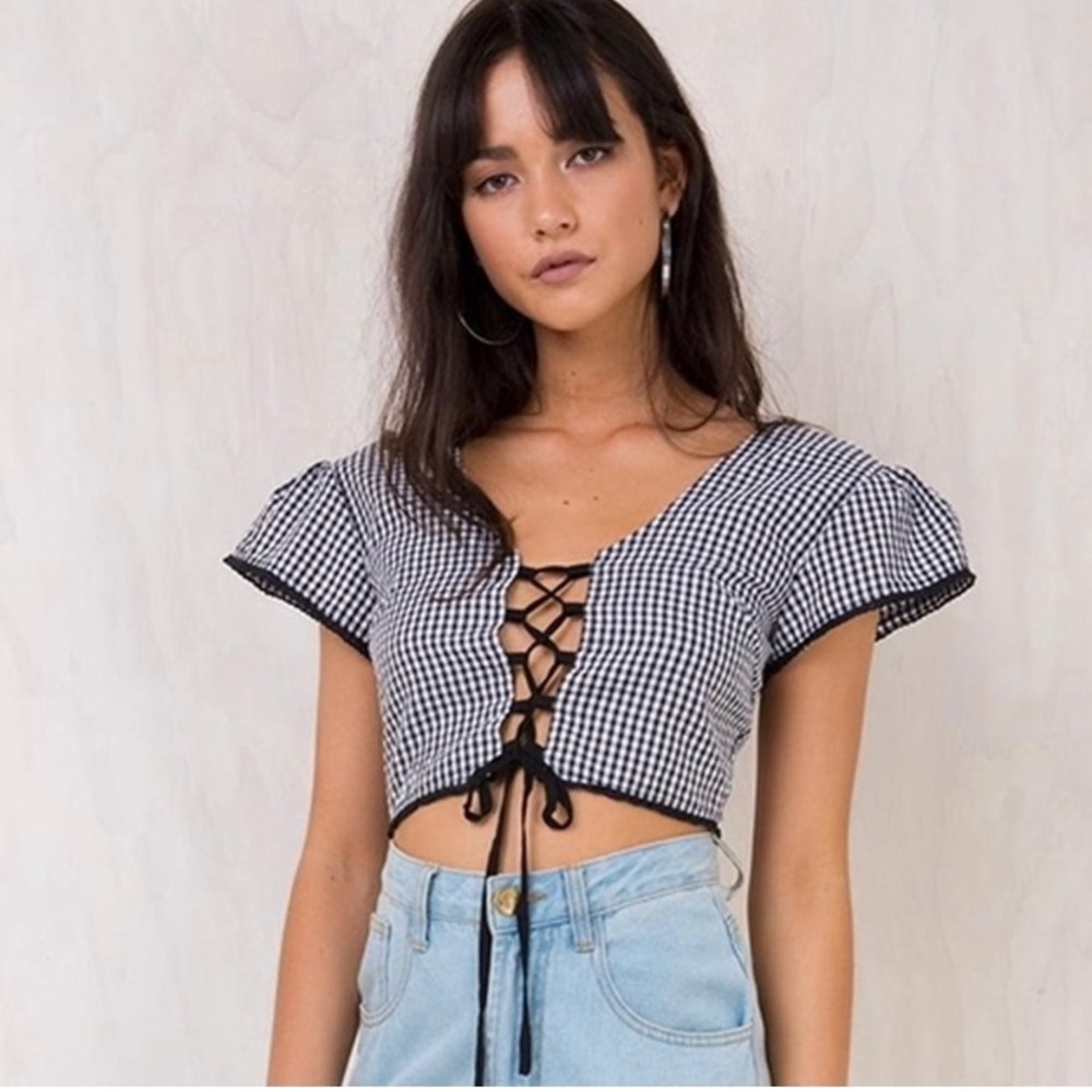 I.AM.GIA Bardot Crop Top Black White Check Gingham size Small Lace Up